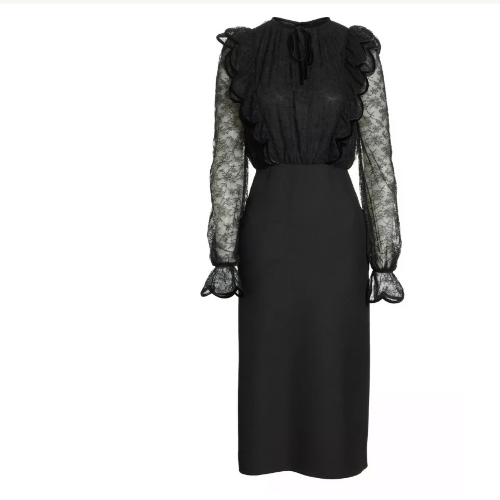 VALENTINO Black Lace Velvet Bow Ruffle Midi Dress - Picture 4 of 8